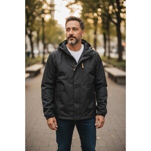 Mens Outdoor Black Hooded Lightweight Water Resistant Jacket